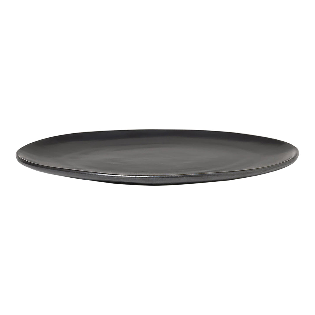 Round black ceramic plate with a smooth, glossy finish and subtle shading variations. Perfect for modern dining.