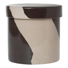 Brown and beige ceramic container with a striking abstract swirl pattern, perfect for decorative storage.