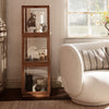 Wooden display cabinet with a natural finish, featuring clear glass shelves and a minimalistic design.