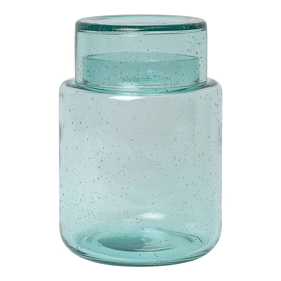 Clear glass jar in soft aqua blue with speckled texture, featuring a layered design. Ideal for home decor.