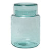 Clear glass jar in soft aqua blue with speckled texture, featuring a layered design. Ideal for home decor.