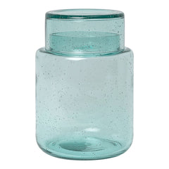 Clear glass jar in soft aqua blue with speckled texture, featuring a layered design. Ideal for home decor.
