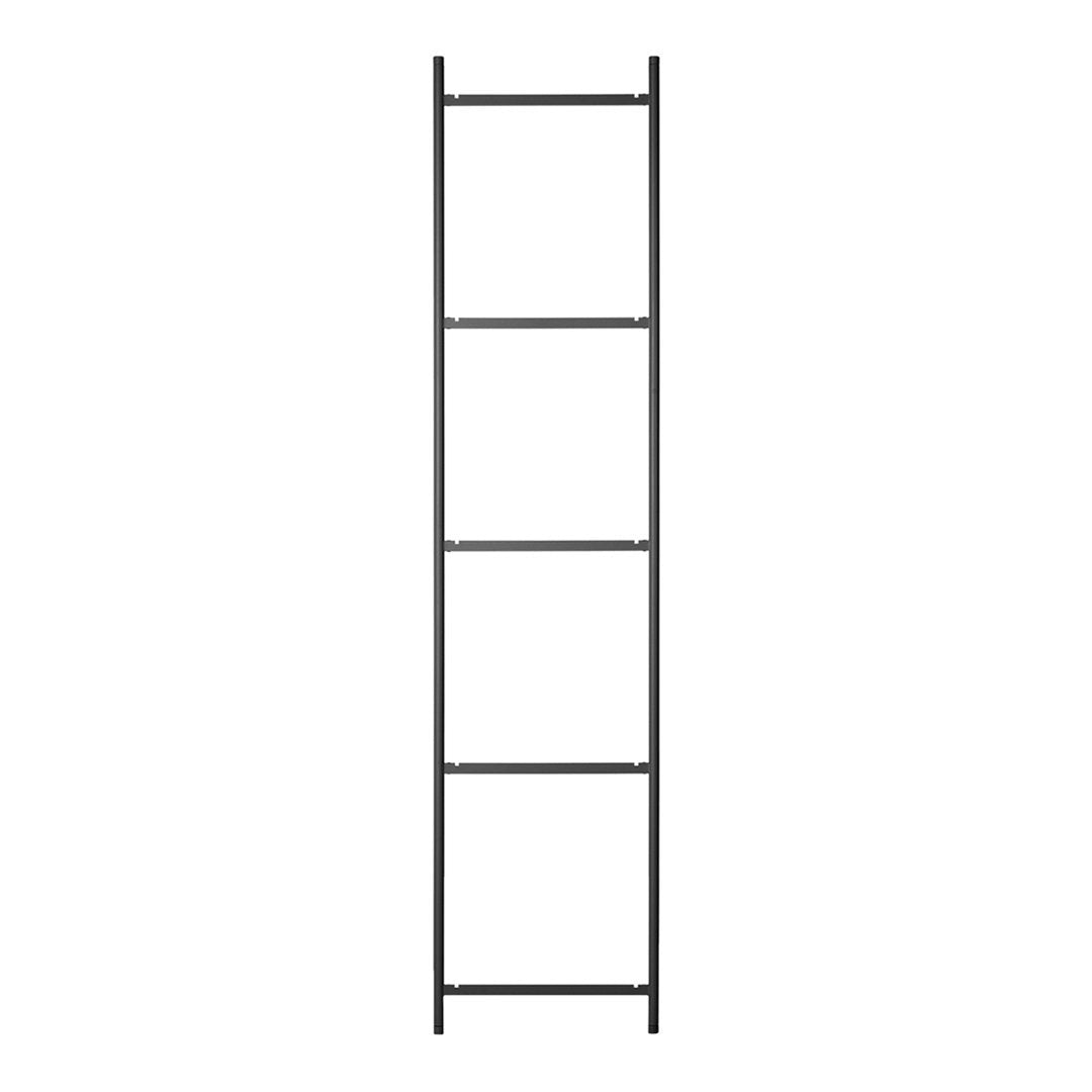 Black metal ladder shelf with a sleek, minimalist design and four open shelves for storage or display.