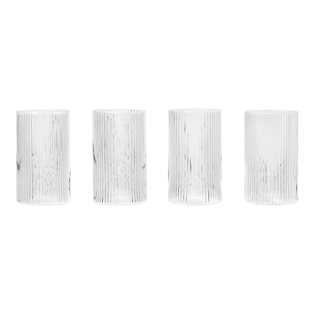 Set of four clear glass tumblers with textured vertical ribbed pattern. Elegant and modern design for any table.