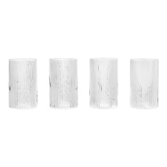 Set of four clear glass tumblers with textured vertical ribbed pattern. Elegant and modern design for any table.