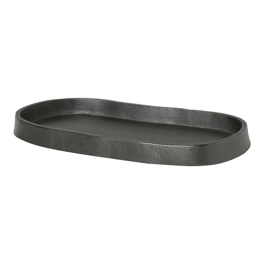 Black oval tray with a textured finish and raised edges, perfect for stylish organization and decor.