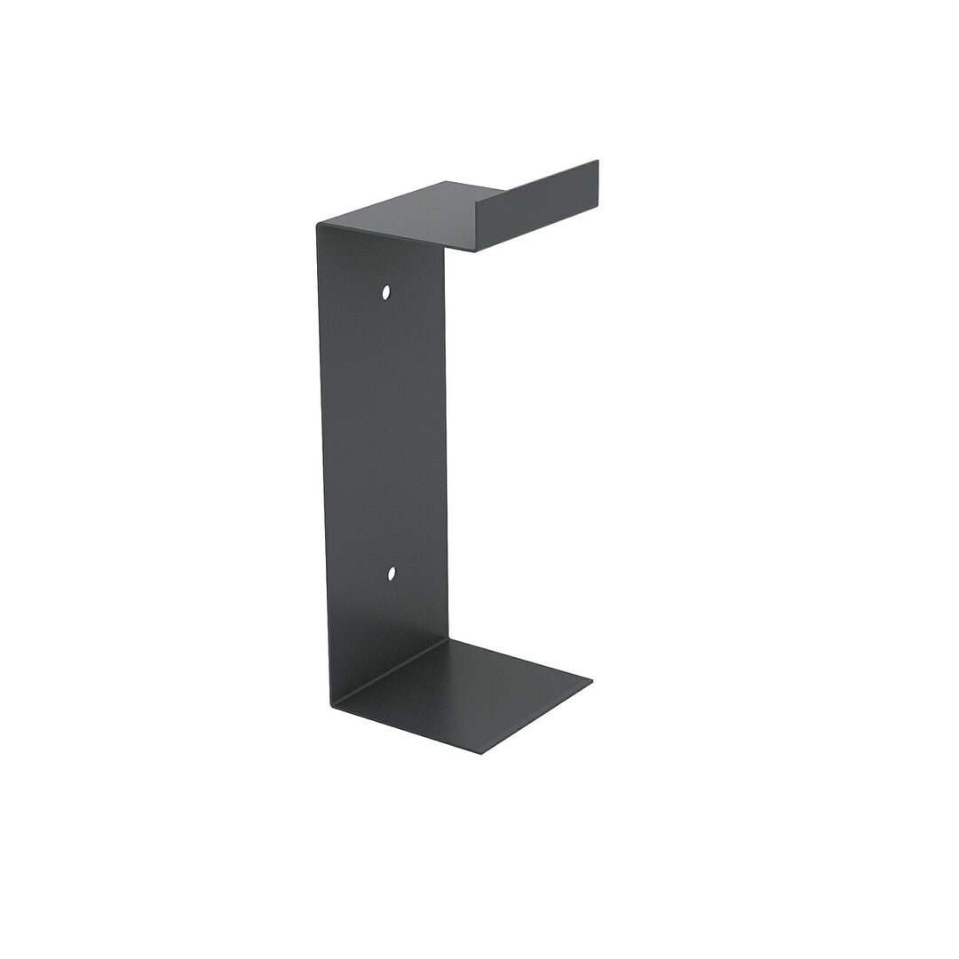 Black metal bracket with a sleek, minimalist design and smooth finish, ideal for various mounting applications.