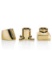 Gold geometric decorative pieces with polished surfaces and sleek lines, showcasing a modern and elegant design.